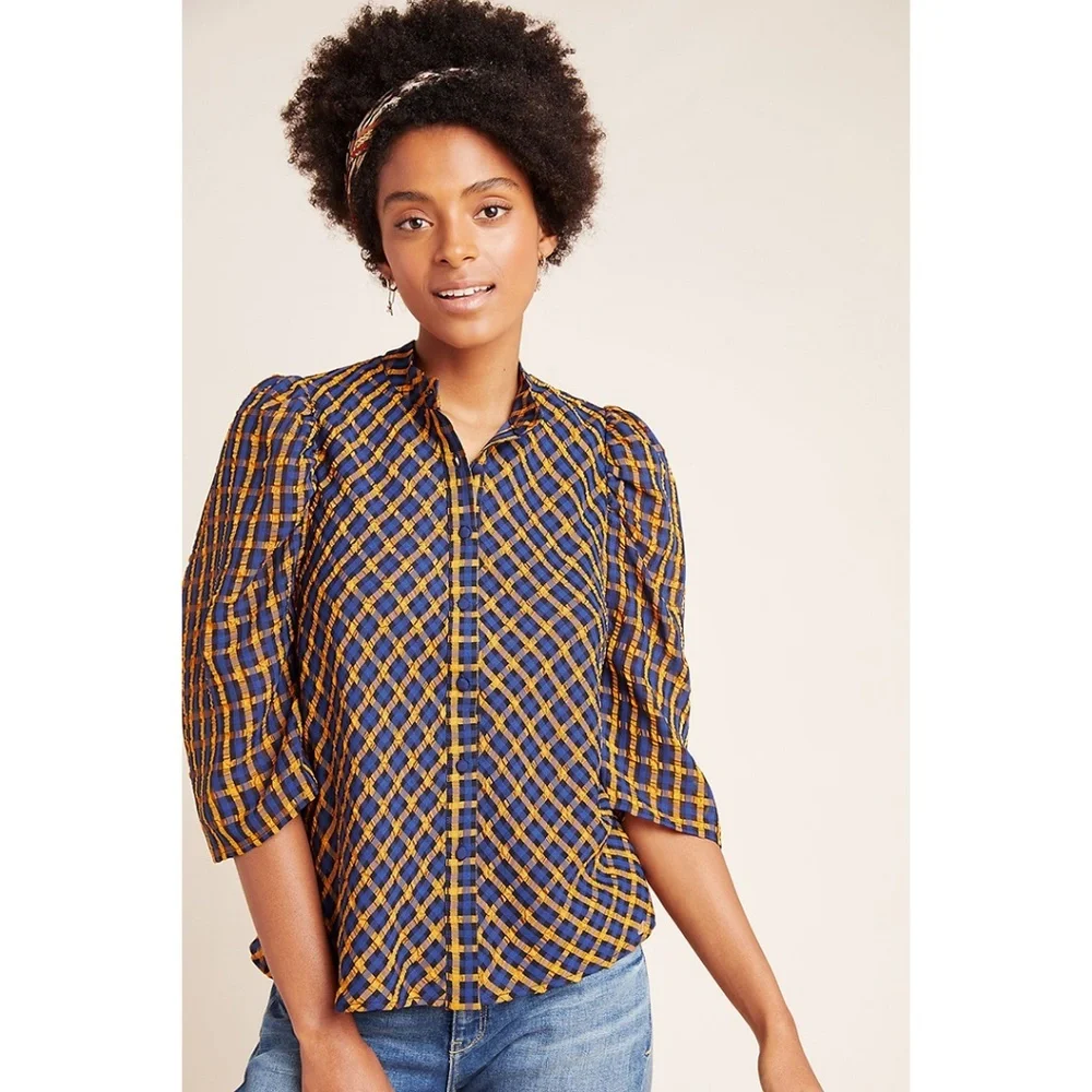 Eva Franco Anthropologie Textured Plaid Puff Sleeve Blouse Button up Shirt - Picture 2 of 8